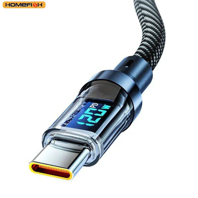 HOMEFISH 60W USB-C Super Fast Charging Cable with Digital Display, Braided Anti-Fracture Wire, Maximum Compatible with 120W