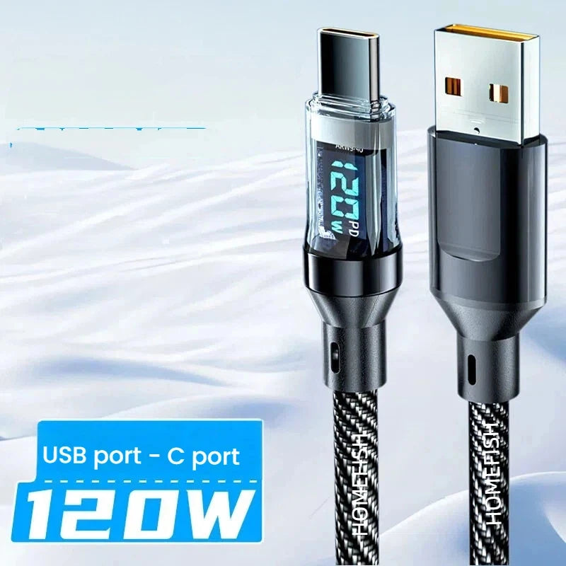 HOMEFISH 60W USB-C Super Fast Charging Cable with Digital Display, Braided Anti-Fracture Wire, Maximum Compatible with 120W