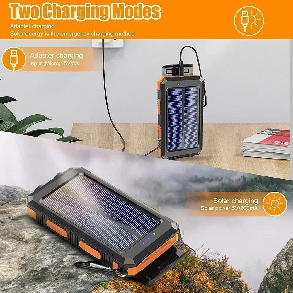 Solar Power Bank Waterproof Large Capacity Powerbank Fast Charging External Battery with SOS for IPhone Samsung Xiaomi