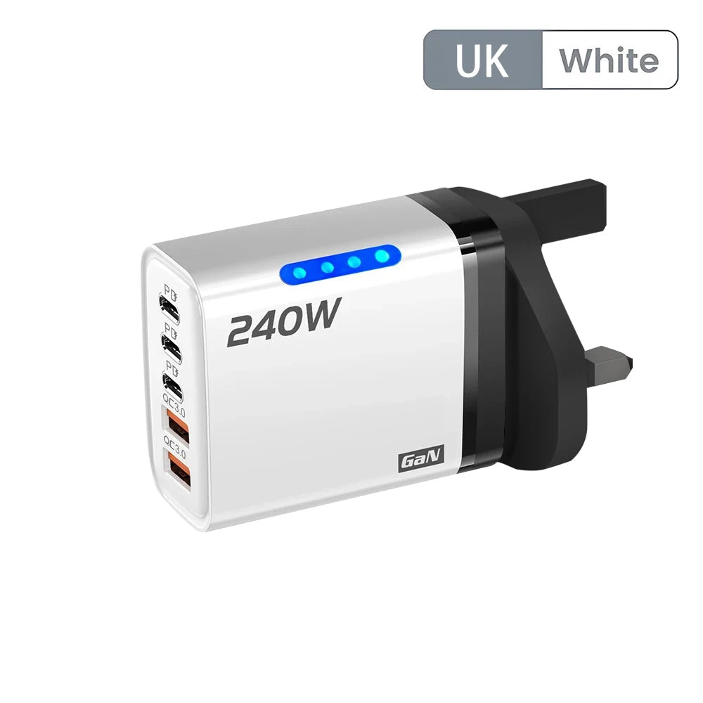 240W GaN USB C Charger 5 in 1 Fast Charging Phone Charger Power Adapter For iPhone Samsung Xiaomi Type C EU/US Plug Wall Charger