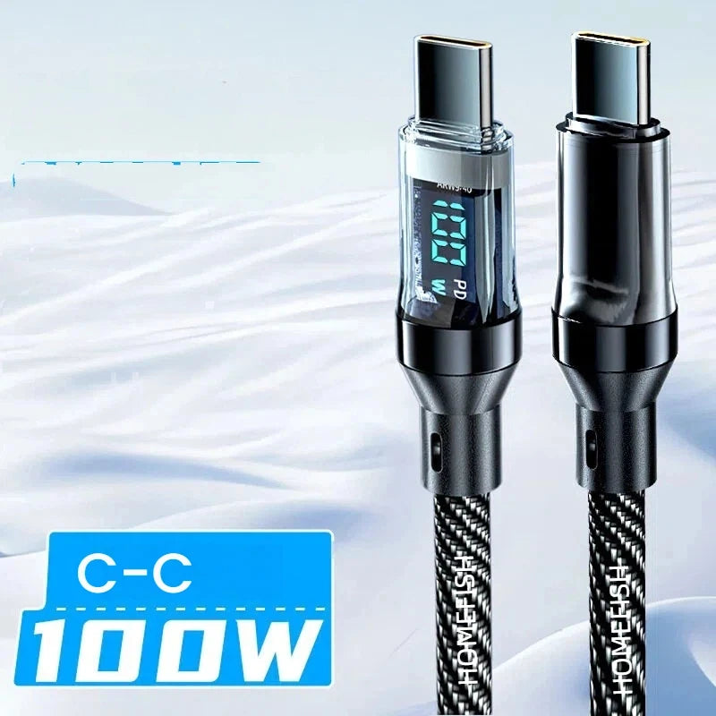 HOMEFISH 60W USB-C Super Fast Charging Cable with Digital Display, Braided Anti-Fracture Wire, Maximum Compatible with 120W