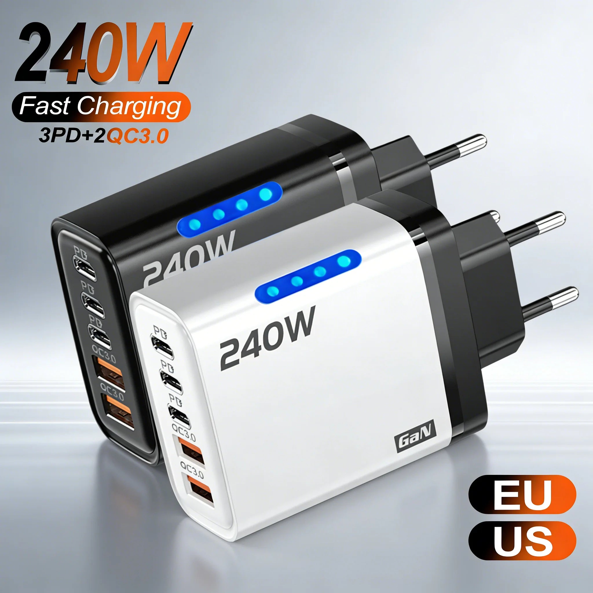 240W GaN USB C Charger 5 in 1 Fast Charging Phone Charger Power Adapter For iPhone Samsung Xiaomi Type C EU/US Plug Wall Charger