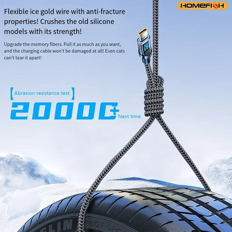 HOMEFISH 60W USB-C Super Fast Charging Cable with Digital Display, Braided Anti-Fracture Wire, Maximum Compatible with 120W