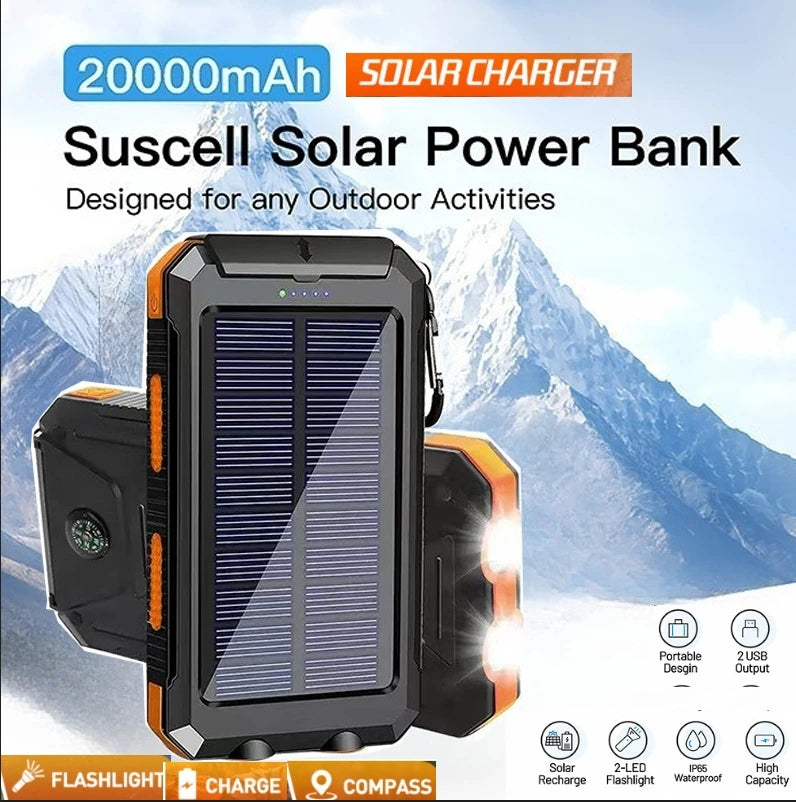 Solar Power Bank Waterproof Large Capacity Powerbank Fast Charging External Battery with SOS for IPhone Samsung Xiaomi